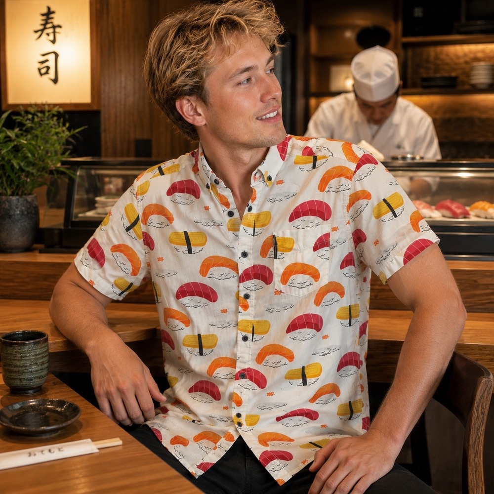 Five‎ Points Industries NYC Mens Small Sushi Print Slim Fit Short Sleeve Shirt